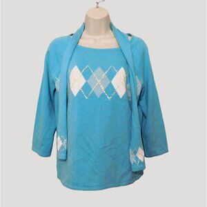 R.Q.T. Argyle Sweater Detachable Scarf Womens M Blue White Sequins Acrylic